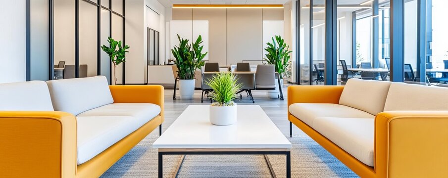 Modern co-working lounge with sleek furniture, open floor plan, and dedicated zones for meetings and brainstorming