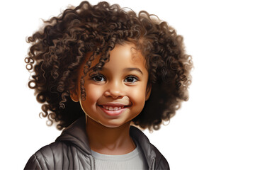 Young black girl smiling on transparent background. PNG cut out. Vector. Childhood themes. African girl. Afro-American girl. Image for graphic designer. Image for flyers.