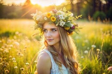 Young woman in floral crown enjoying golden hour in summer meadow with wildflowers