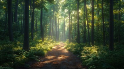 Obraz premium A serene forest path winding through tall