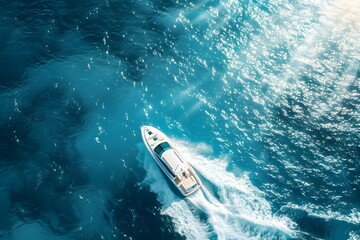 Obraz premium An aerial view of a luxury speedboat on the sea with sparkling blue water and bright sunlight. 