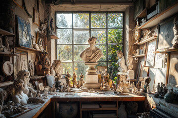 A Sunlit Haven: A Renaissance Artist's Workshop Filled with Sculptures and Sketches