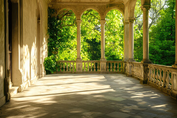 Obraz premium Sunlight Bathes an Ancient Balcony Overlooking a Lush Garden, a Tranquil Oasis of Stone and Greenery