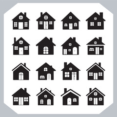 Black silhouettes of houses and cottages, home property logo set package, home button, residential building, country cottage, apartment vector illustrations.