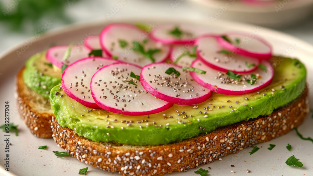 Wall mural Avocado toast with radish slices and chia seeds on a plate.