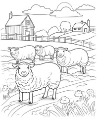 Beautiful Sheep Coloring Page, Farm Animal Colouring Design for Your Corporate Books and Business Graphic Resource or Creative Project, Ai Generative