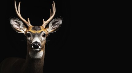 Fototapeta premium Close-Up of a Majestic White-Tailed Deer Isolated on a Black Background with Beautiful Detail and Striking Features