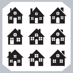 Black silhouettes of houses and cottages, home property logo set package, home button, residential building, country cottage, apartment vector illustrations.