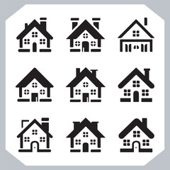 Black silhouettes of houses and cottages, home property logo set package, home button, residential building, country cottage, apartment vector illustrations.