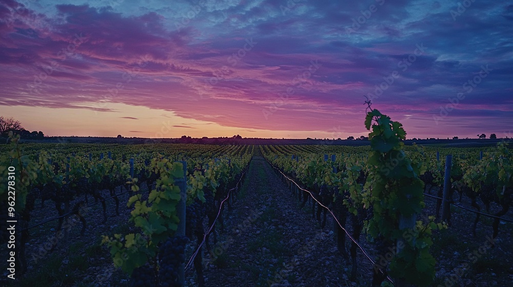 Poster   The sun descends over a vineyard, with vines prominent in the foreground and a purplish-blue backdrop