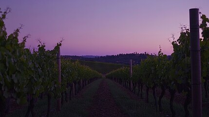 Naklejka premium A row of trees in a field with a hill in the distance under a purple sky