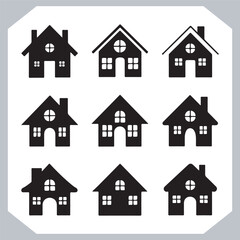 Black silhouettes of houses and cottages, home property logo set package, home button, residential building, country cottage, apartment vector illustrations.