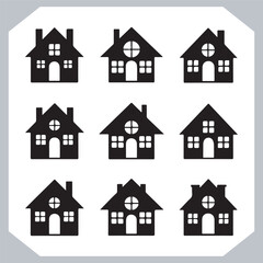 Black silhouettes of houses and cottages, home property logo set package, home button, residential building, country cottage, apartment vector illustrations.