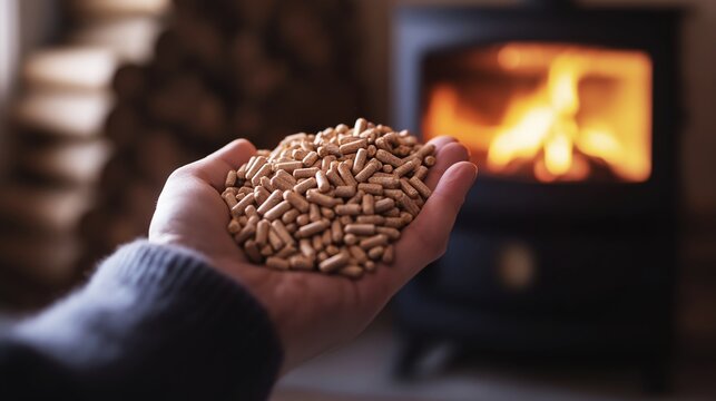 A Handful of Wood Pellets Held in a Cupped Hand with a Warm Wood Burning Stove in the Cozy Background of a Home Environment