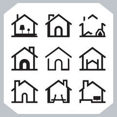 Black silhouettes of houses and cottages, home property logo set package, home button, residential building, country cottage, apartment vector illustrations.