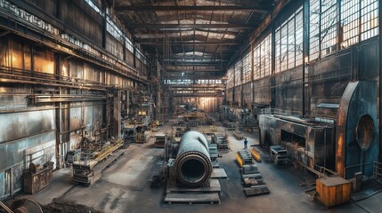 Industrial Interior of a Modern Steel Mill Featuring Large Furnace, Overhead Cranes, and Concrete Floor with Metal Pipe