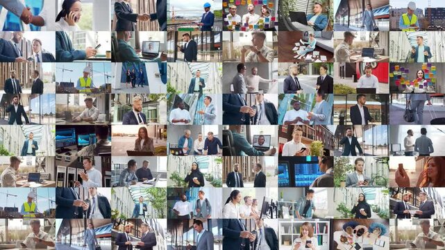 Multi screen business collage made of many different footages with business people working in office or outdoor. Technology, investment, money and teamwork concept.