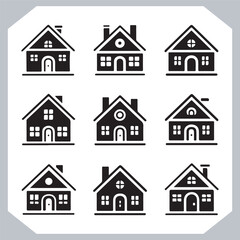 Black silhouettes of houses and cottages, home property logo set package, home button, residential building, country cottage, apartment vector illustrations.
