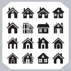 Fototapeta premium Black silhouettes of houses and cottages, home property logo set package, home button, residential building, country cottage, apartment vector illustrations.