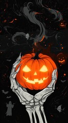 A skeleton with bony hands cradles a bright jack-o-lantern that flickers in the dark, surrounded by eerie ghosts and bats for Halloween