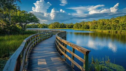 Fototapeta premium A scenic view of a Florida lake with a boardwalk winding through wetlands and mangroves