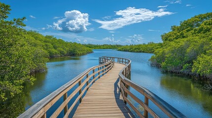 Fototapeta premium A scenic view of a Florida lake with a boardwalk winding through wetlands and mangroves