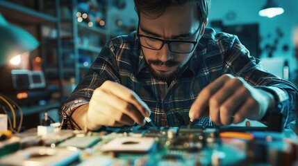 Focused male computer engineer in glasses soldering microchip on circuit board with soldering iron