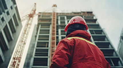 Fototapeta premium construction worker in a hard hat operating a crane at a busy building site, copy space