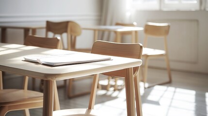 Bright and inviting empty classroom featuring elegant wooden tables and chairs with sunlight streaming through large windows