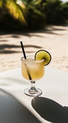 Margarita cocktail with straw and lime garnish, under bright sunlight on outdoor table.