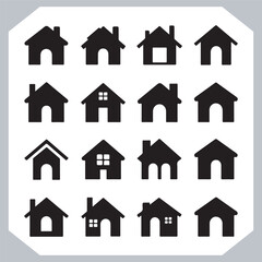 Black silhouettes of houses and cottages, home property logo set package, home button, residential building, country cottage, apartment vector illustrations.