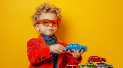 Obraz premium A young boy with curly hair proudly holds a toy car, wearing a bright red jacket and stylish glasses. Set against a bold yellow background, the image showcases a colorful toy car collection, perfect