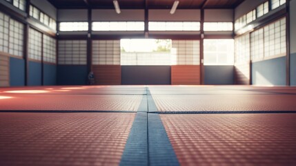 A serene empty martial arts dojo with vibrant red mats and large windows, creating a tranquil traditional Japanese atmosphere.