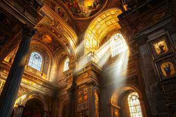 Obraz premium Sunlight Bathes a Grand Renaissance Cathedral, Illuminating Intricate Frescoes and Stained Glass Windows.