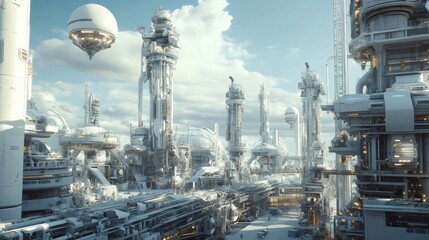 Futuristic cityscape with towering structures and a hovering spaceship.
