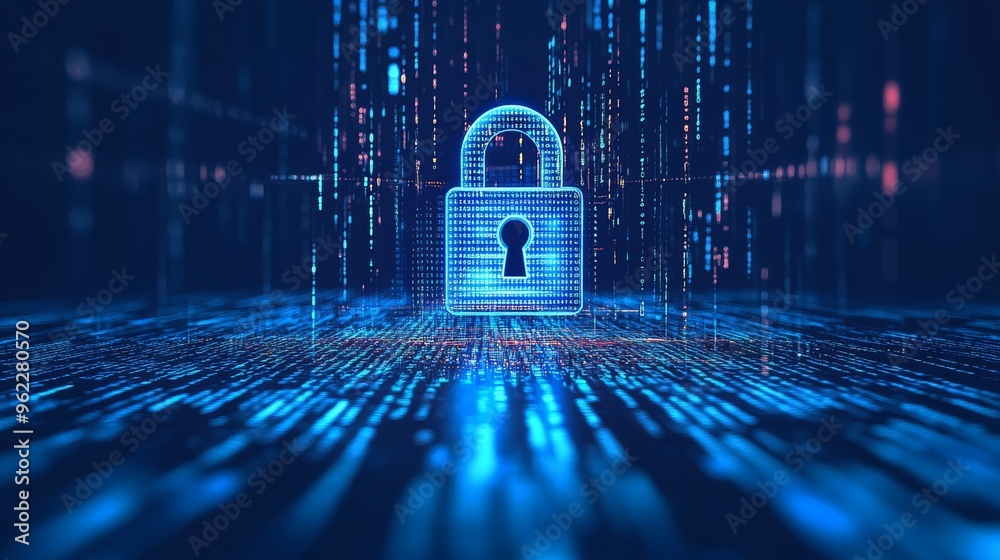 Poster 3D digital lock icon surrounded by encrypted binary code on a blue digital background. Highlights cyber security and data protection.