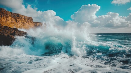 Fototapeta premium A powerful ocean wave crashing against a rocky shoreline