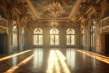 Golden Hour in a Grand Ballroom: Sunlight Streams Through Ornate Windows, Illuminating the Polished Wooden Floor.