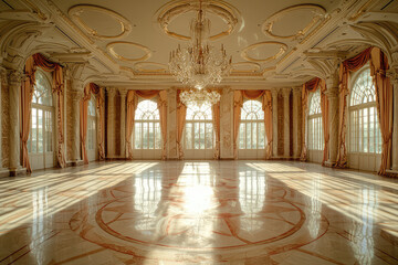 Obraz premium A Sunlit Symphony of Elegance: A Grand Ballroom Basking in Golden Light