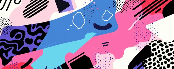 Naklejka premium Vibrant 80s-inspired abstract illustration with bold colors and geometric shapes creating a retro pop art feel