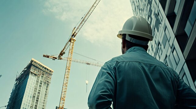 construction worker in a hard hat operating a crane at a busy building site, copy space