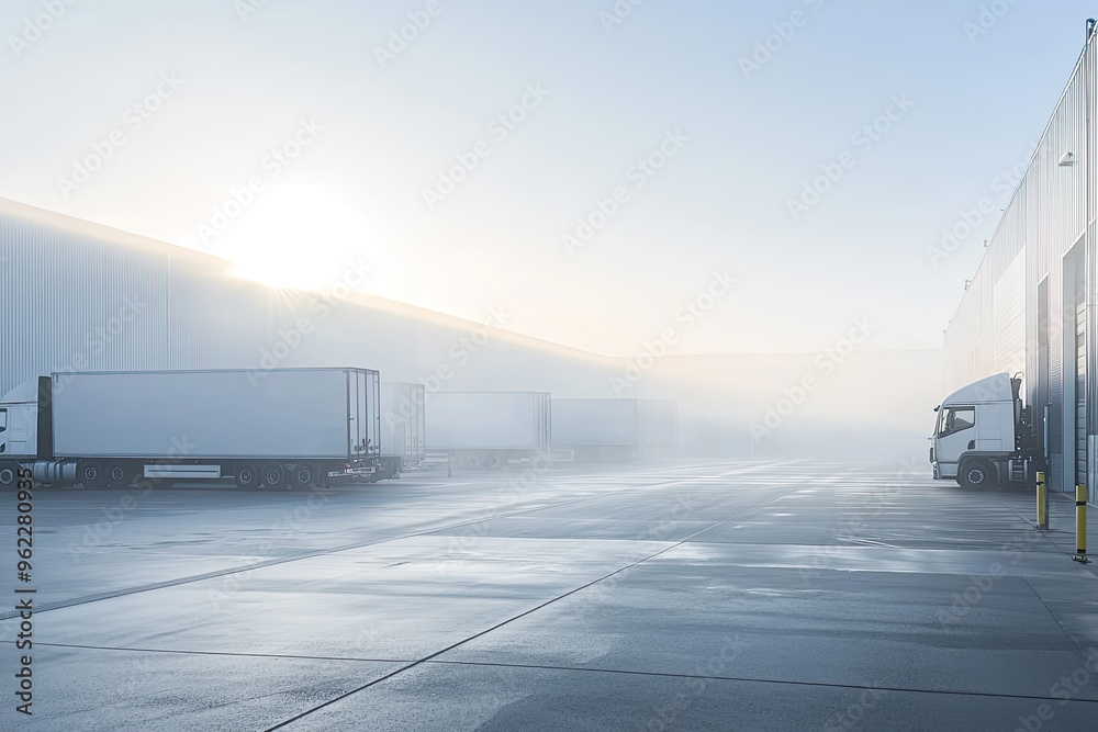 Wall mural Silent Dawn at the Logistics Hub: Semitrailers Stand Ready in a Misty Pre-dawn Light.