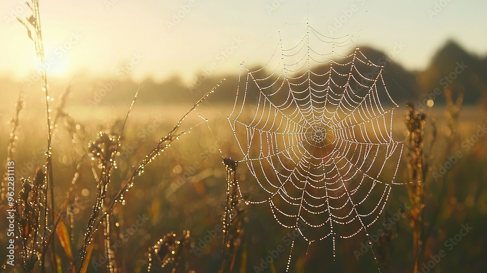 Wall mural a spider web shines under the midday sun in the middle of an open field