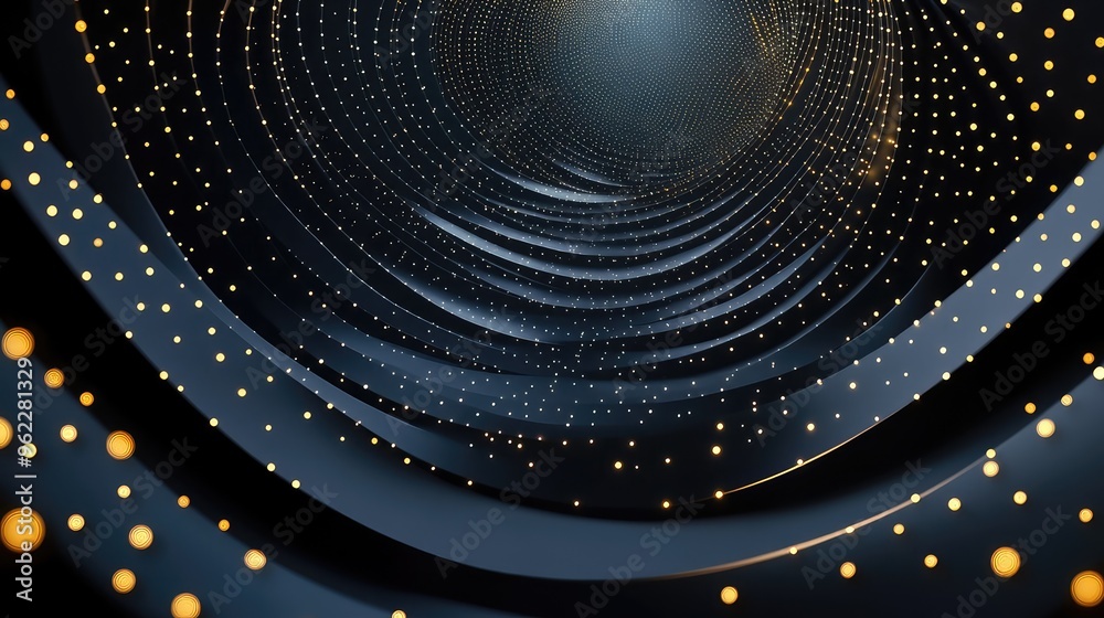 Poster abstract glowing dots and lines on dark spiral background creating depth and movement for modern and