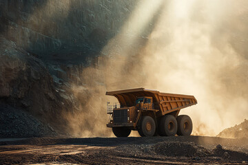 A Giant Mining Truck Carving Through a Dusty Quarry, Its Presence a Testament to the Unwavering Power of Industry.