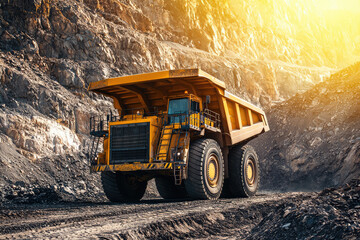 Giant yellow dump truck hauls rocks in a massive quarry under the golden glow of the setting sun.
