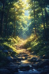 Obraz premium Sunlit Forest Stream - A glowing forest path with gentle streams, illuminated by soft sunlight filtering through lush green trees. Peaceful and magical.