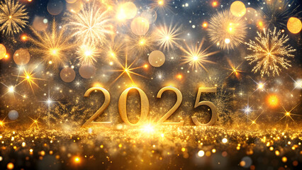 Happy New Year 2025 with fireworks and bokeh lights - 3D illustration