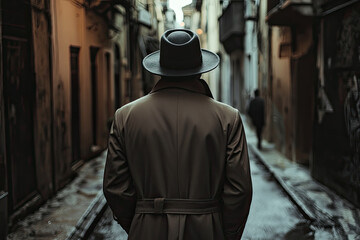 Obraz premium A lone figure, shrouded in mystery, walks down a narrow alleyway. The fedora and trench coat create an aura of intrigue, hinting at secrets and hidden agendas. What lies ahead?