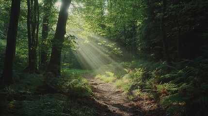 Obraz premium A path in the middle of a forest, bathed in sunlight filtering through the tree canopies on both sides